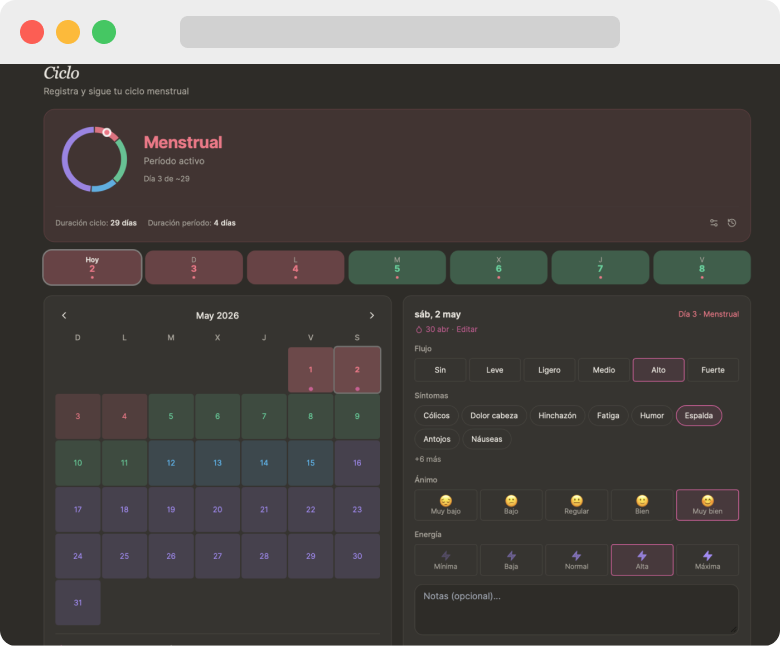 Original separate Menstrual Cycle tracker in
Nidoly, shown in Spanish