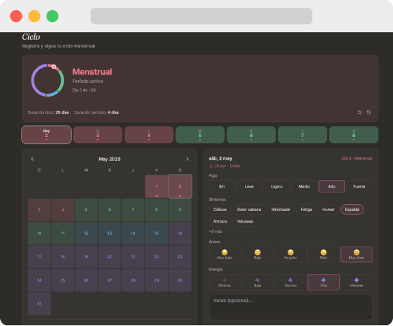 Original separate Menstrual Cycle tracker in
Nidoly, shown in Spanish